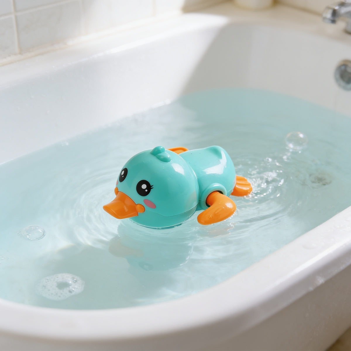 Lumiwee Paddle wind-up bath toy, Teal Duck option, in a bright room
