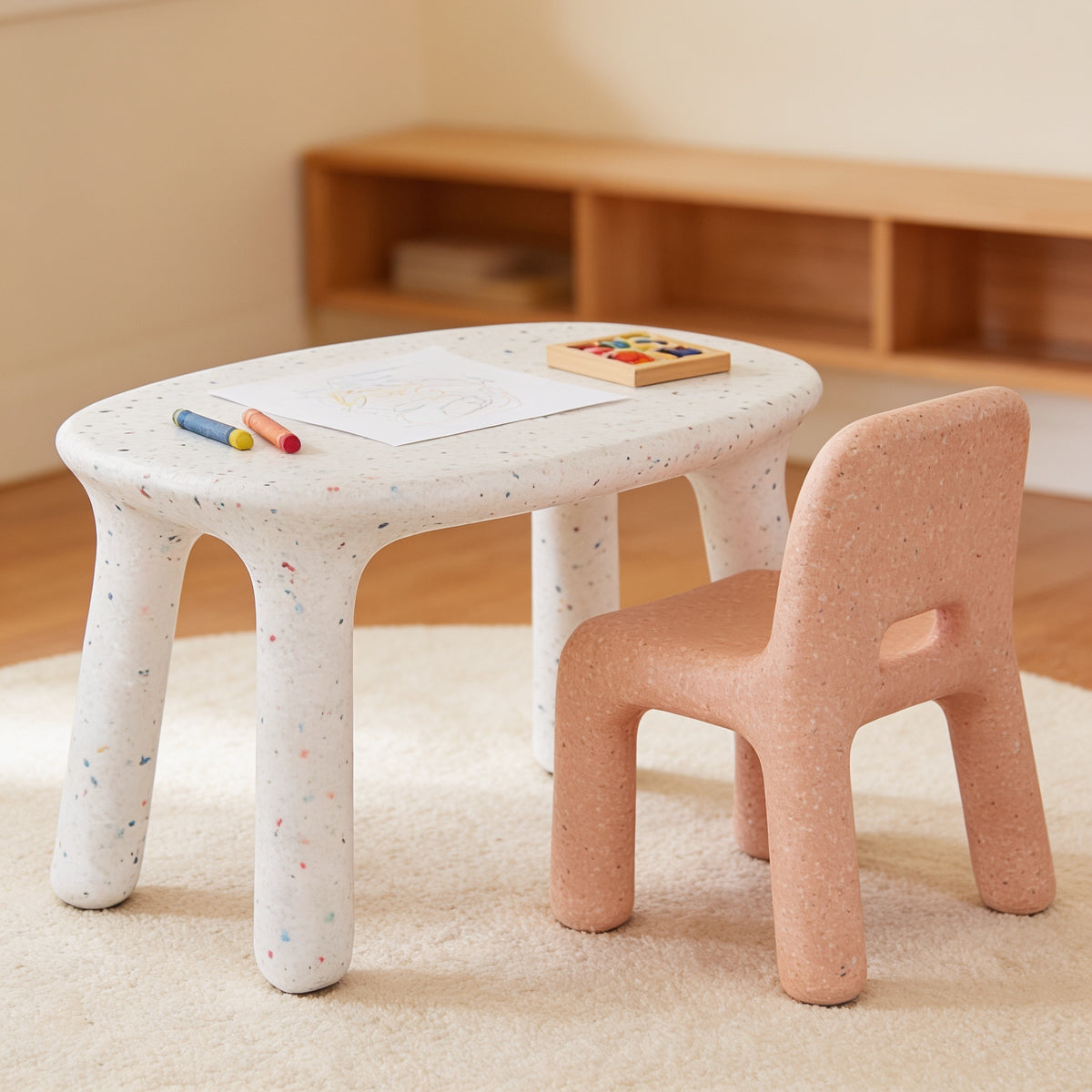 Lumiwee Pebble kids table and chair set, Table + 1 Chair – Pink option, in a bright room