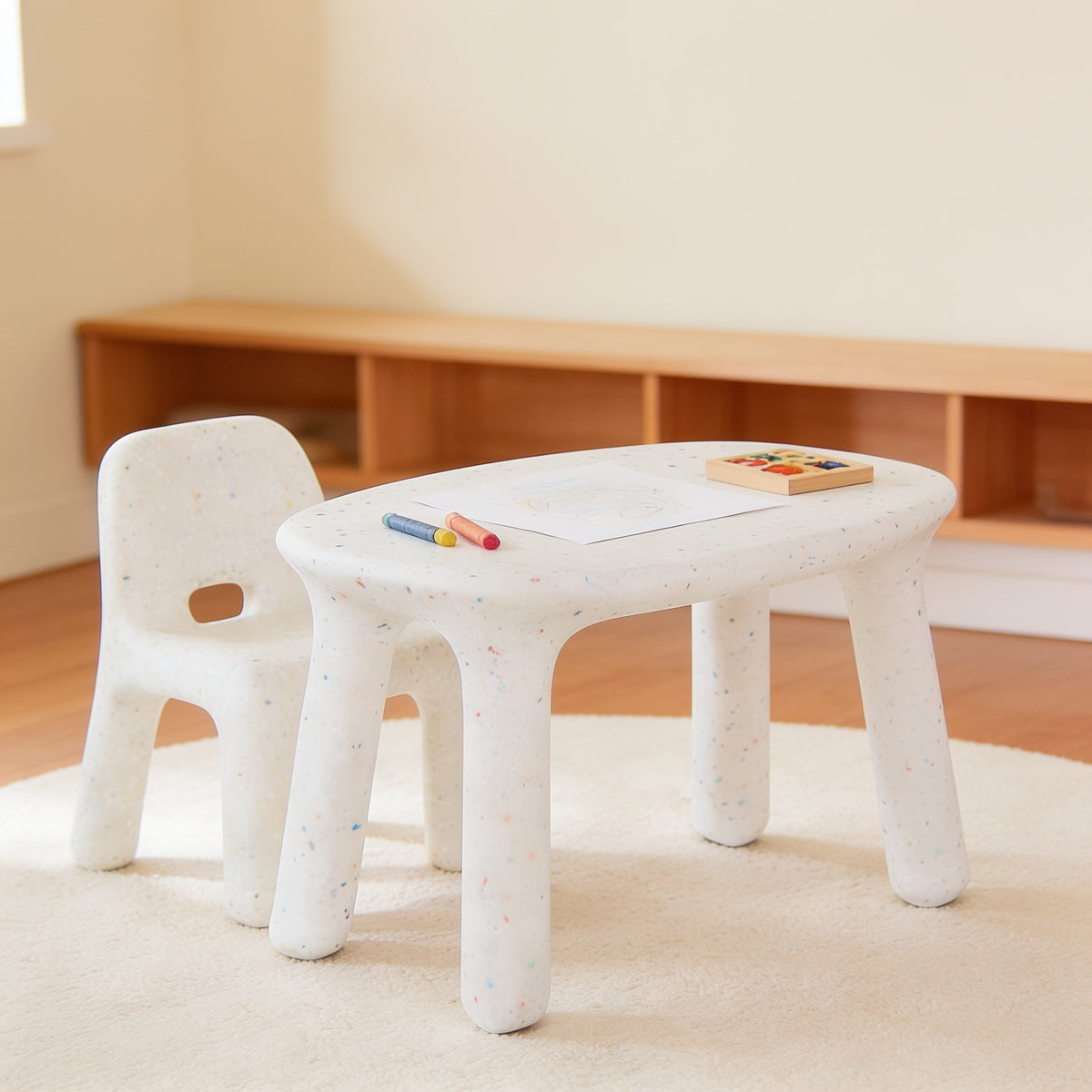 Lumiwee Pebble kids table and chair set, Table + 1 Chair – White option, in a bright room