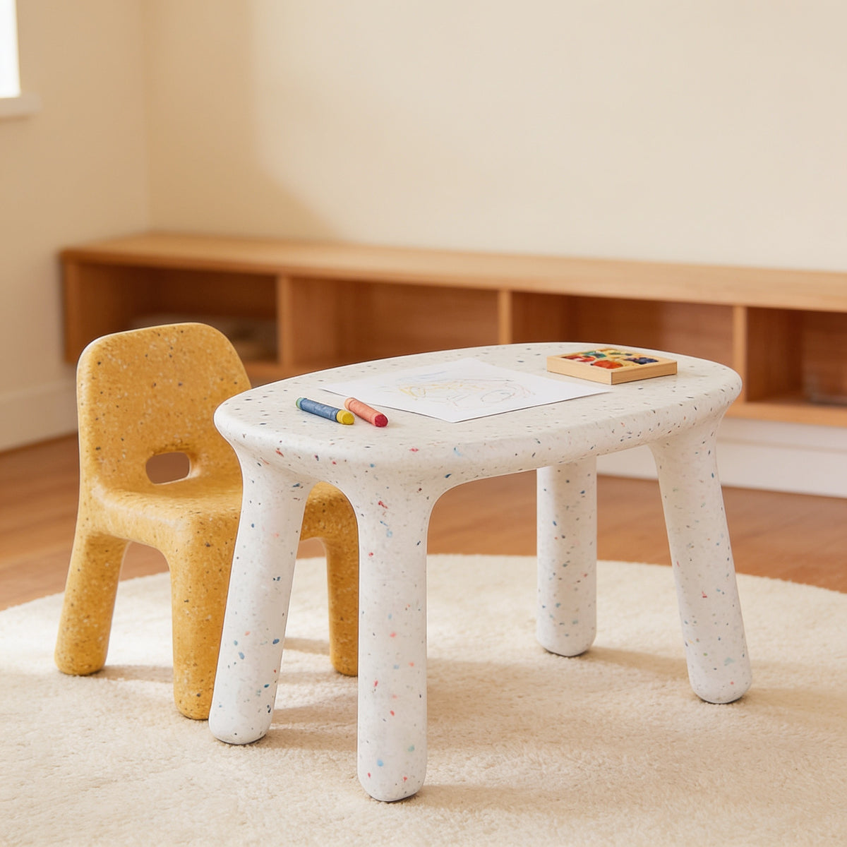 Lumiwee Pebble kids table and chair set, Table + 1 Chair – Yellow option, in a bright room