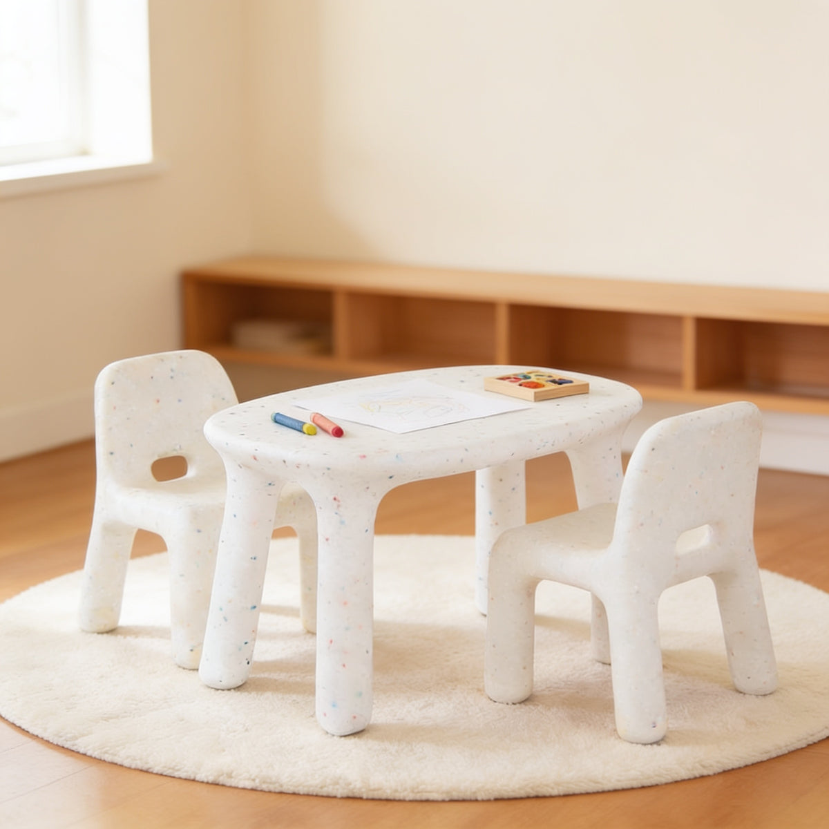 Lumiwee Pebble kids table and chair set, Table + 2 Chairs – White option, in a bright room