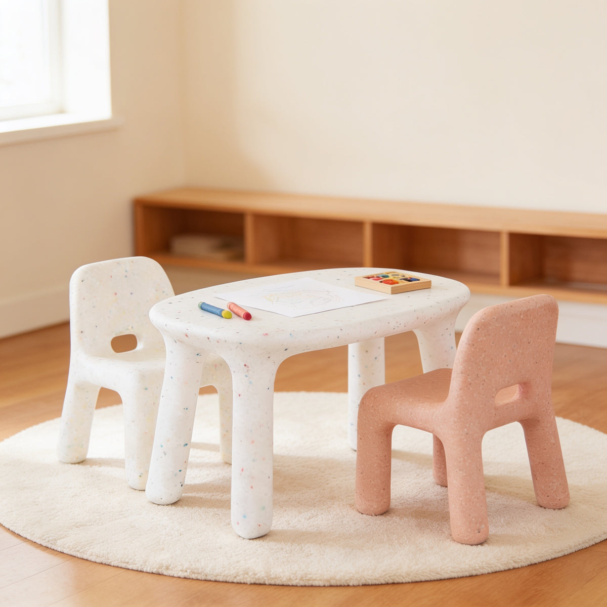 Lumiwee Pebble kids table and chair set, Table + 2 Chairs – White & Pink option, in a bright room