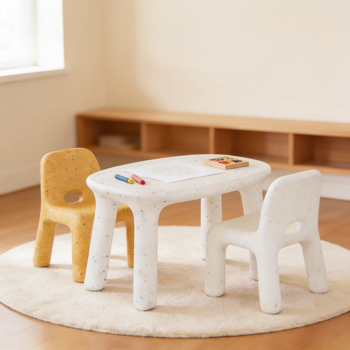 Lumiwee Pebble kids table and chair set, Table + 2 Chairs – White & Yellow option, in a bright room