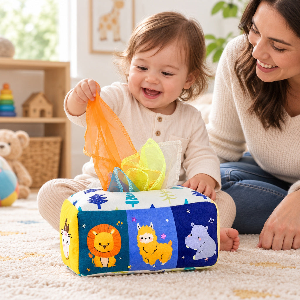 Awake toddler pulling a scarf from the Animals tissue box toy beside a parent