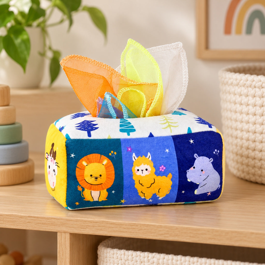 Animals tissue box toy on a wooden playroom shelf