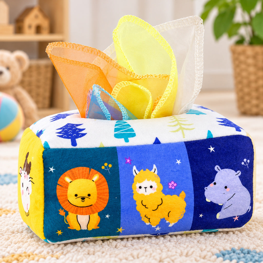 Close-up of the animal print and soft fabric tissue box opening
