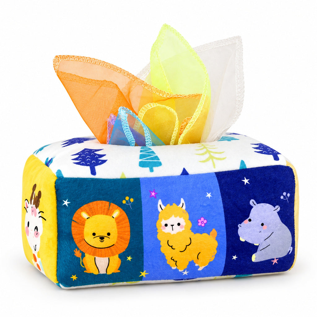 Animals tissue box toy with scarves on a white background