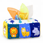 Animals tissue box toy with scarves on a white background