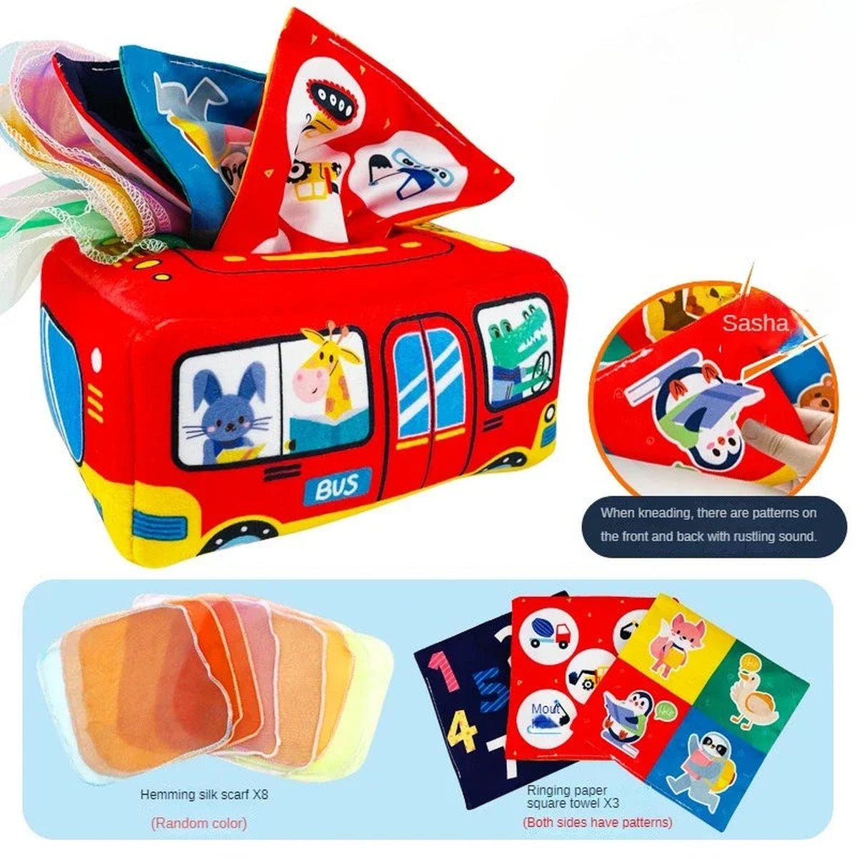 Lumiwee Peekaboo Montessori Toy Tissue Box for Babies, Bus – Scarves + Crinkle Squares option