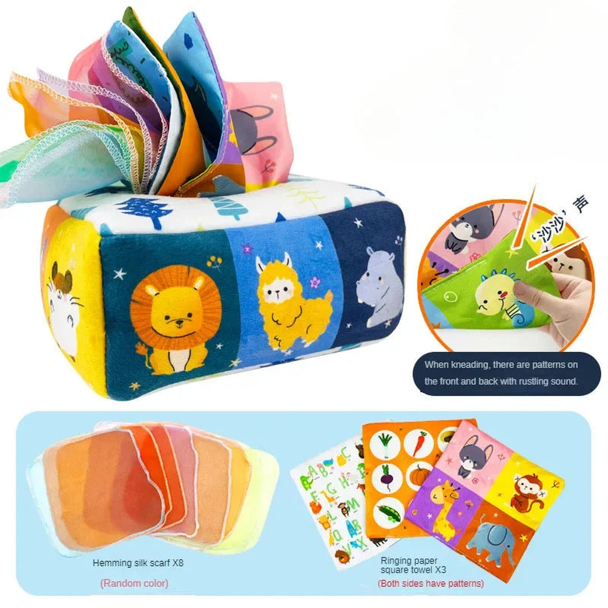 Lumiwee Peekaboo Montessori Toy Tissue Box for Babies, Animals – Scarves + Crinkle Squares option
