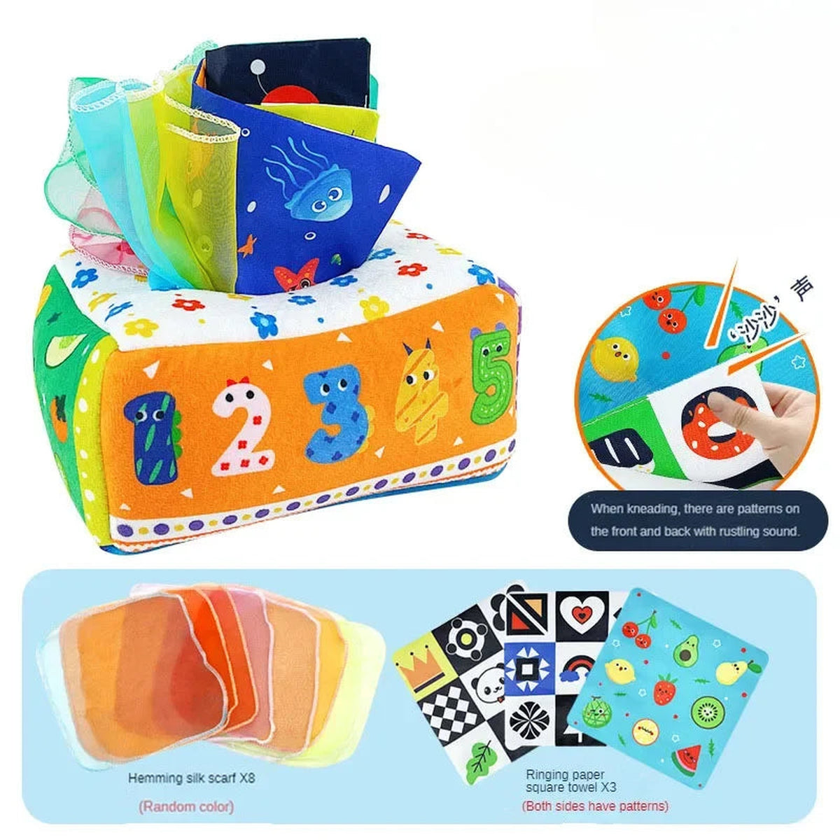 Lumiwee Peekaboo Montessori Toy Tissue Box for Babies, Numbers – Scarves + Crinkle Squares option