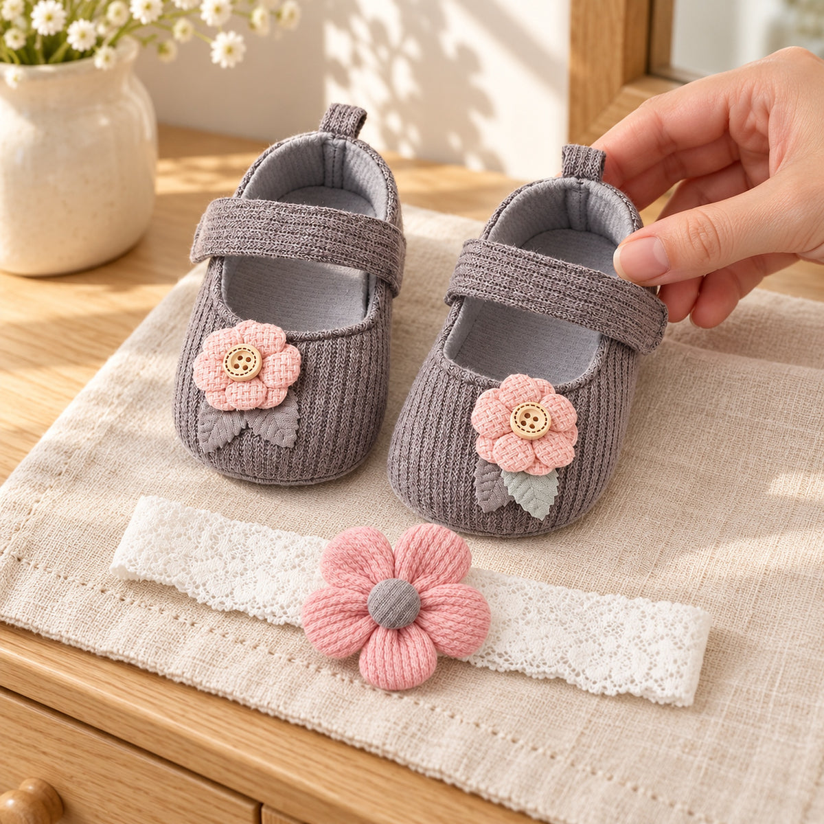 Adult arranging the gray button-flower shoe pair and single matching headband on linen