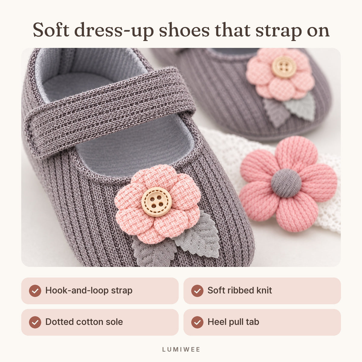 Lumiwee infographic: Petal - Soft dress-up shoes that strap on