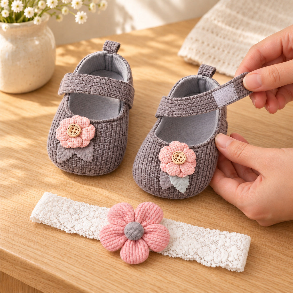 Adult opening a gray baby shoe's hook-and-loop strap