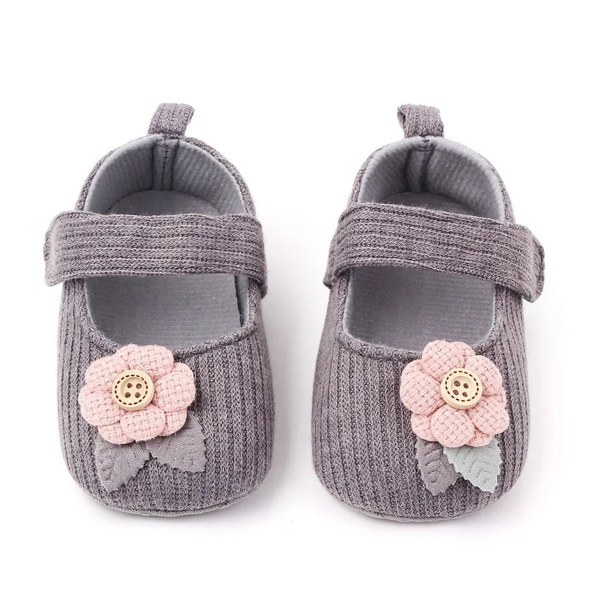 Lumiwee Petal Baby Shoes for Girls with Headband, Gray Button Flower option