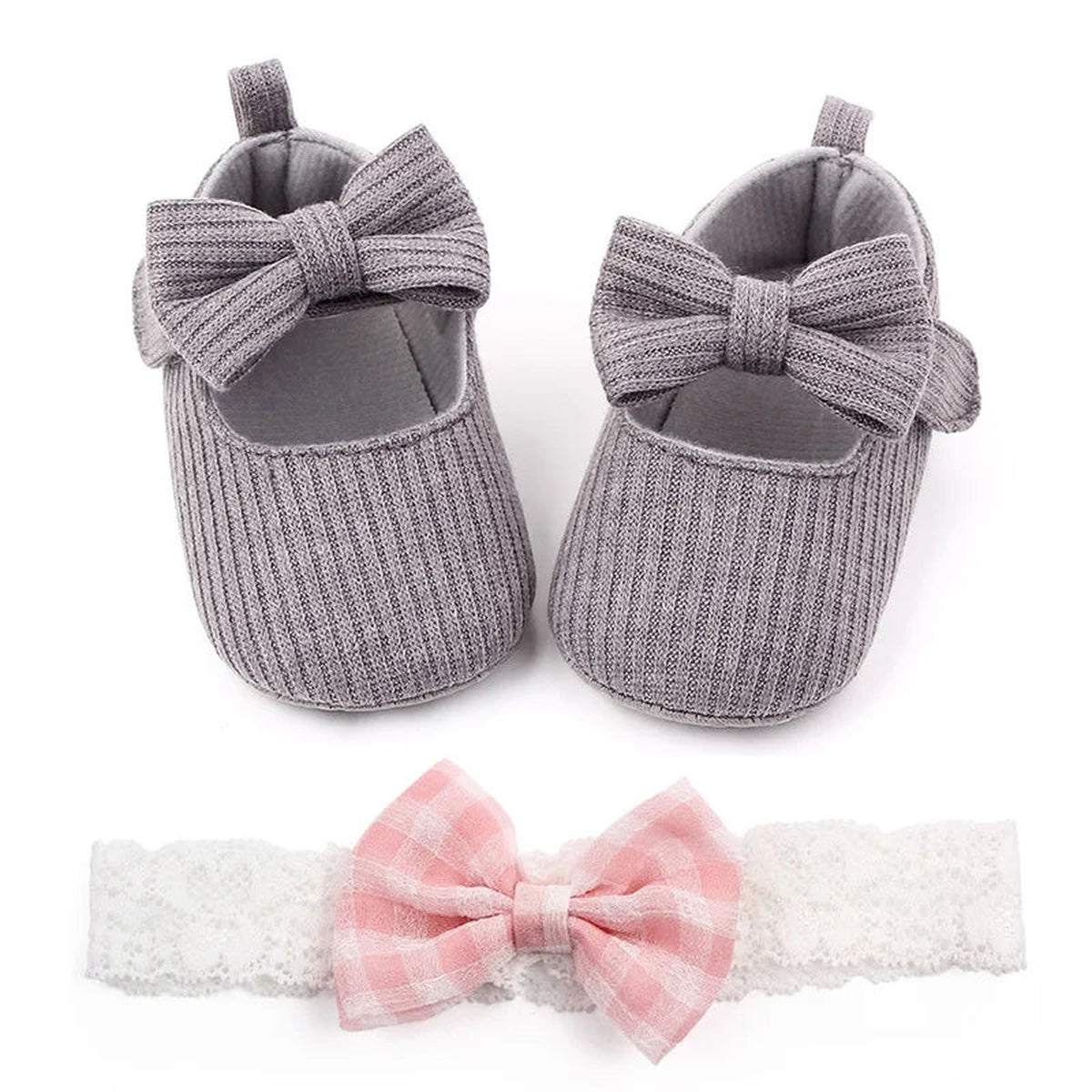 Lumiwee Petal Baby Shoes for Girls with Headband, Gray Bow + Headband option