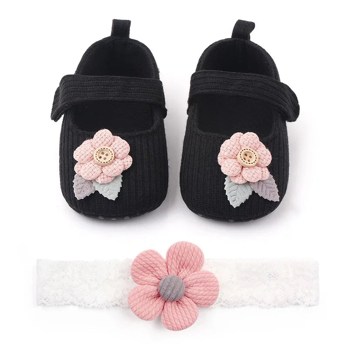 Lumiwee Petal Baby Shoes for Girls with Headband, Black Button Flower + Headband option