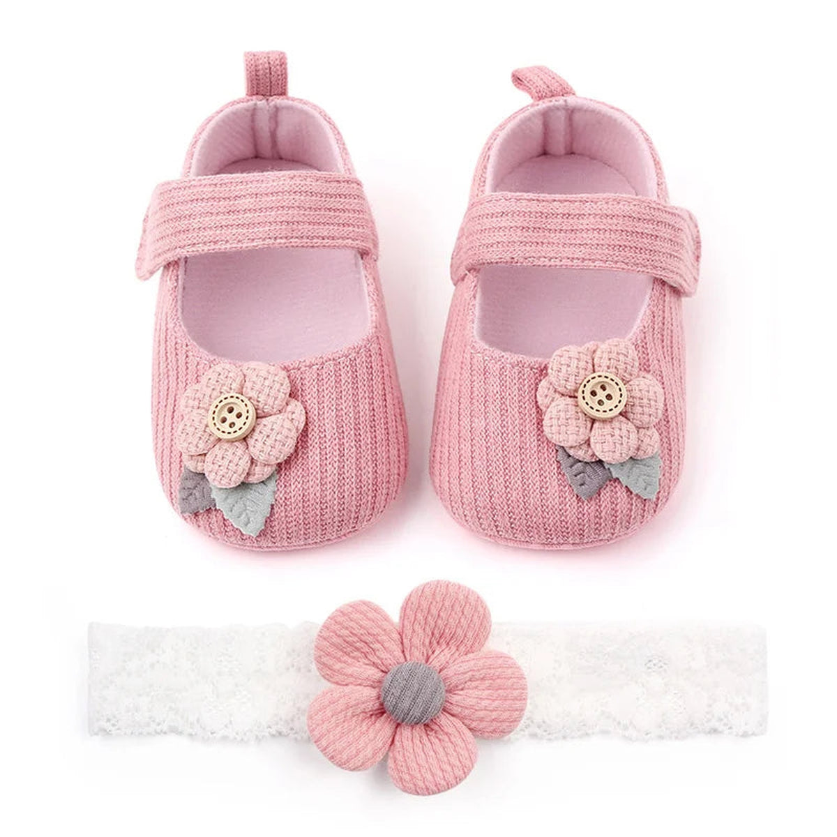 Lumiwee Petal Baby Shoes for Girls with Headband, Pink Button Flower + Headband option