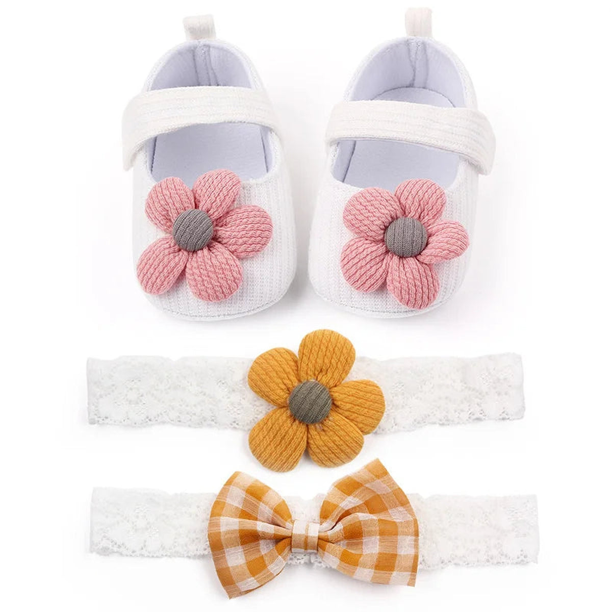 Lumiwee Petal Baby Shoes for Girls with Headband, White Big Flower + 2 Headbands option