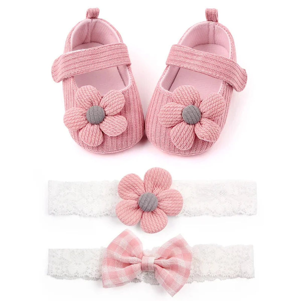 Lumiwee Petal Baby Shoes for Girls with Headband, Pink Big Flower + 2 Headbands option