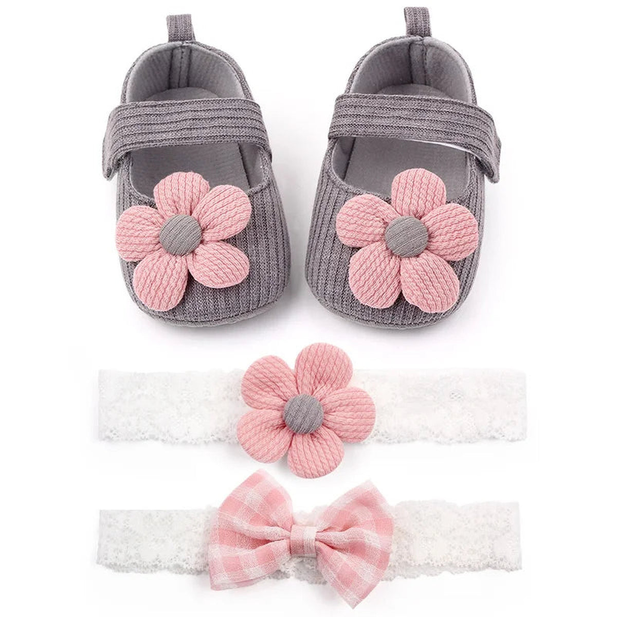 Lumiwee Petal Baby Shoes for Girls with Headband, Gray Big Flower + 2 Headbands option