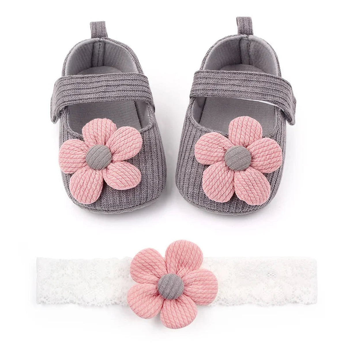 Lumiwee Petal Baby Shoes for Girls with Headband, Gray Big Flower + Headband option