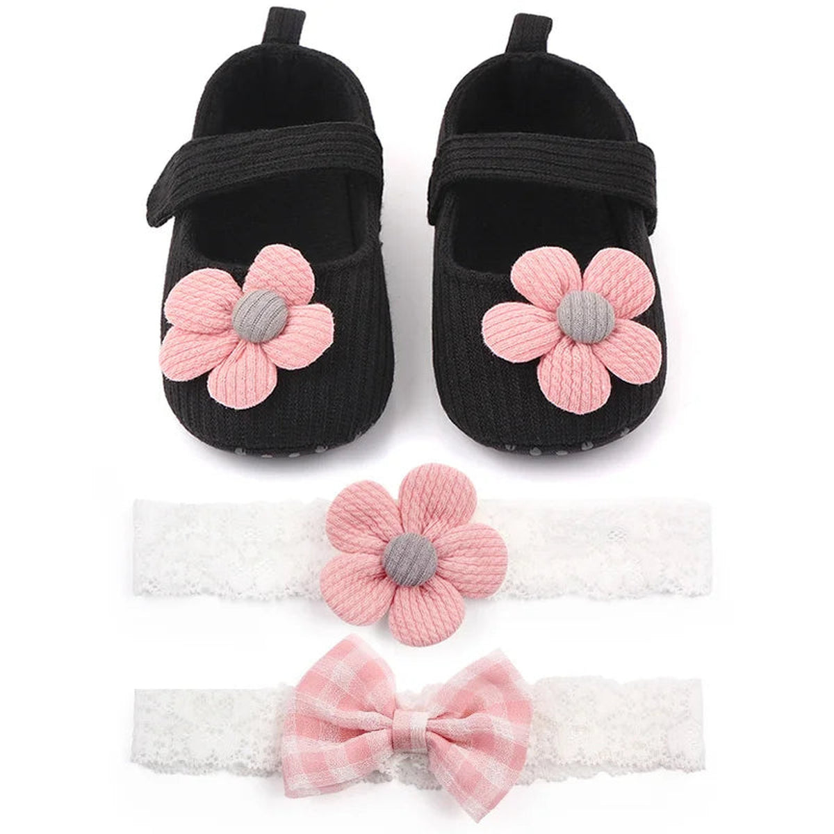Lumiwee Petal Baby Shoes for Girls with Headband, Black Big Flower + 2 Headbands option