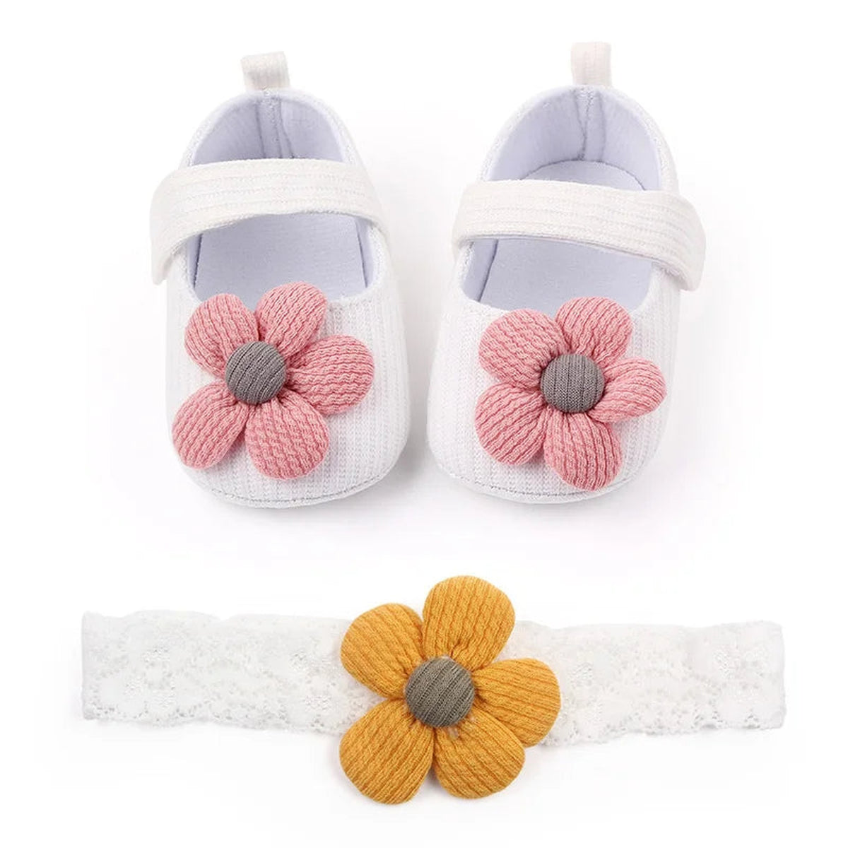 Lumiwee Petal Baby Shoes for Girls with Headband, White Big Flower + Headband option