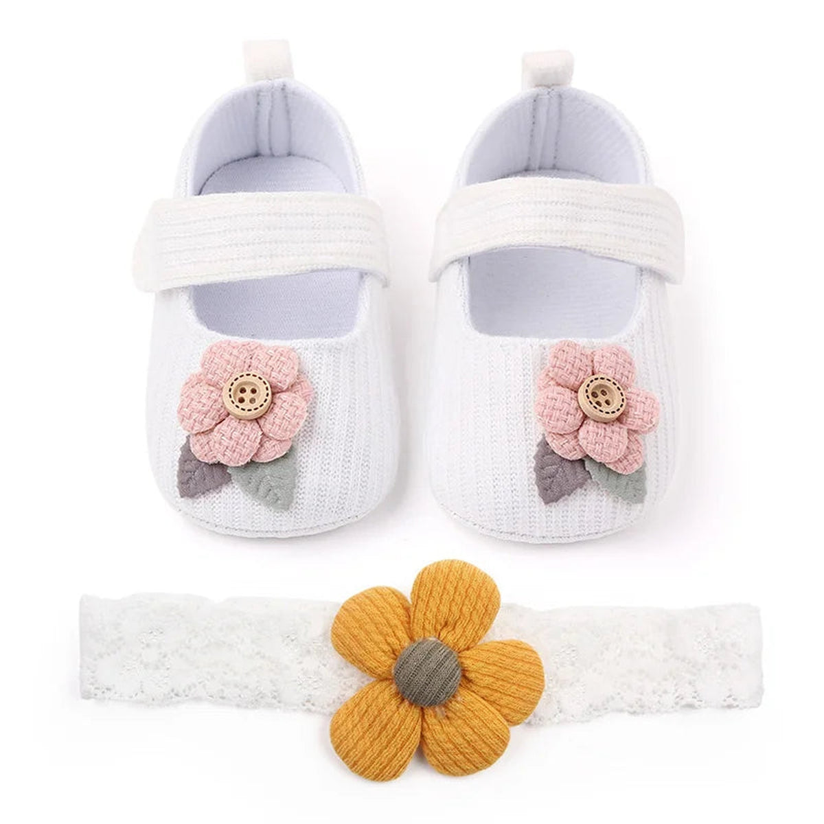 Lumiwee Petal Baby Shoes for Girls with Headband, White Button Flower + Headband option