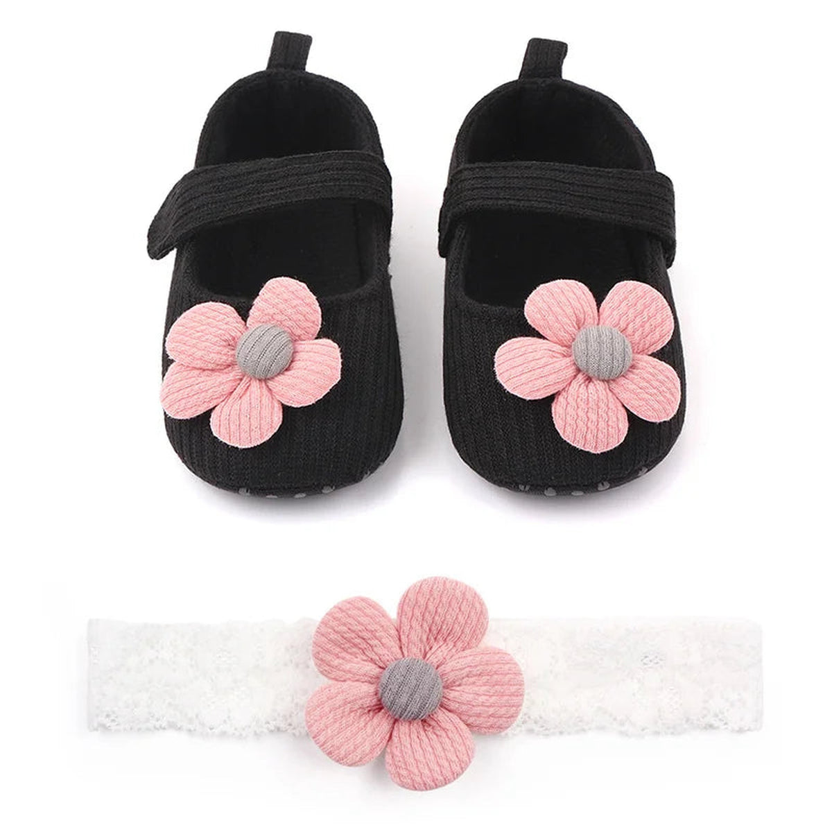 Lumiwee Petal Baby Shoes for Girls with Headband, Black Big Flower + Headband option