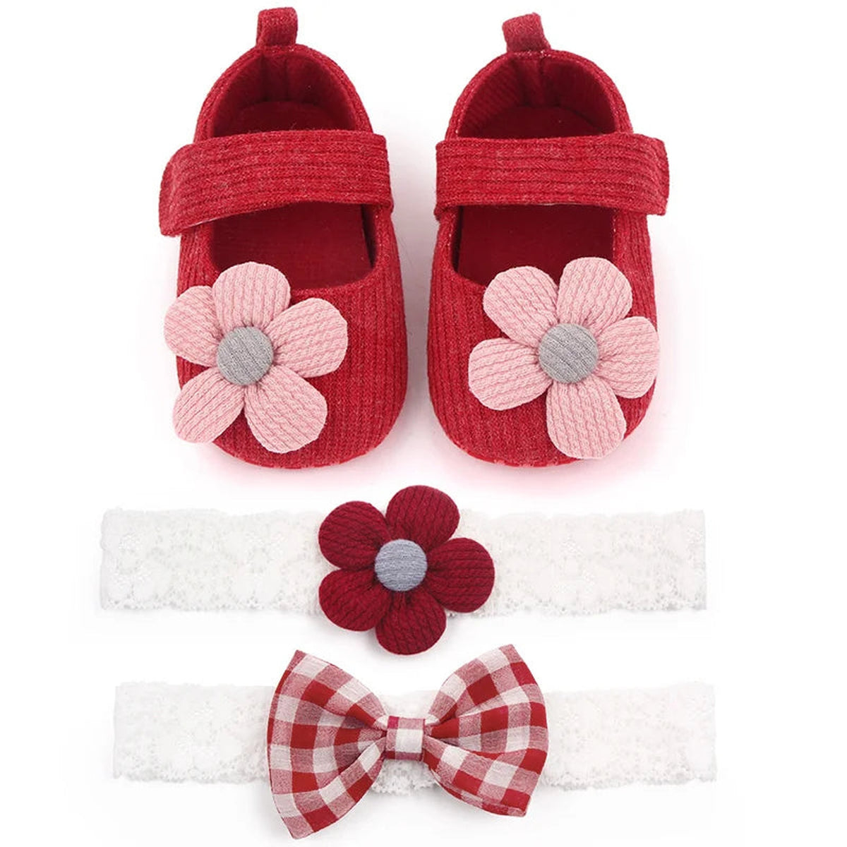 Lumiwee Petal Baby Shoes for Girls with Headband, Red Big Flower + 2 Headbands option
