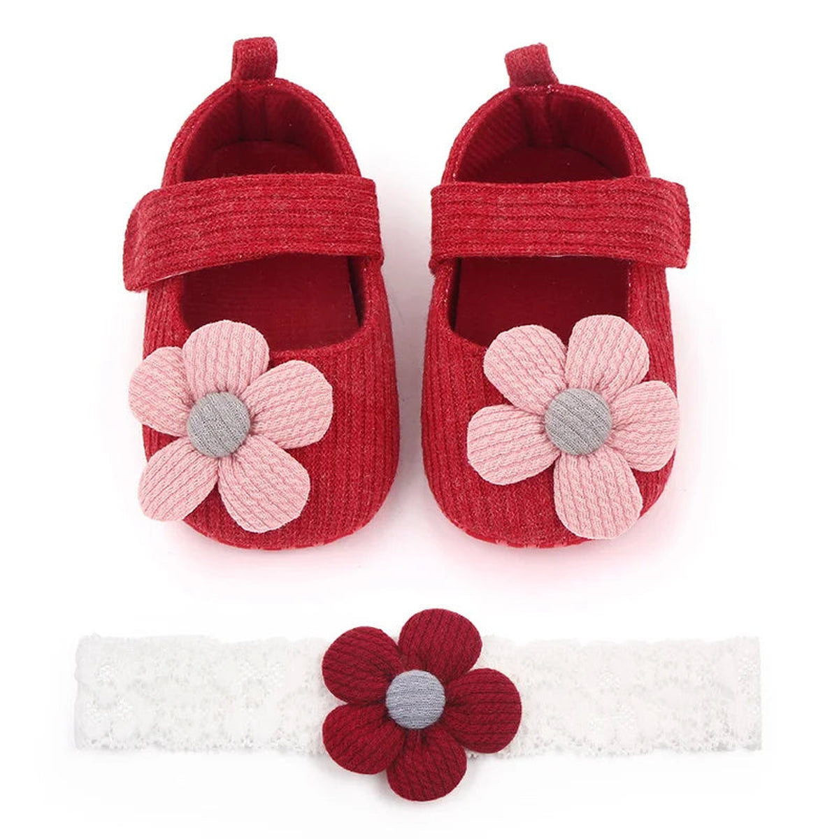 Lumiwee Petal Baby Shoes for Girls with Headband, Red Big Flower + Headband option