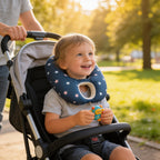 Lumiwee Pip toddler U-shaped travel pillow: toddler in a stroller wearing the travel pillow