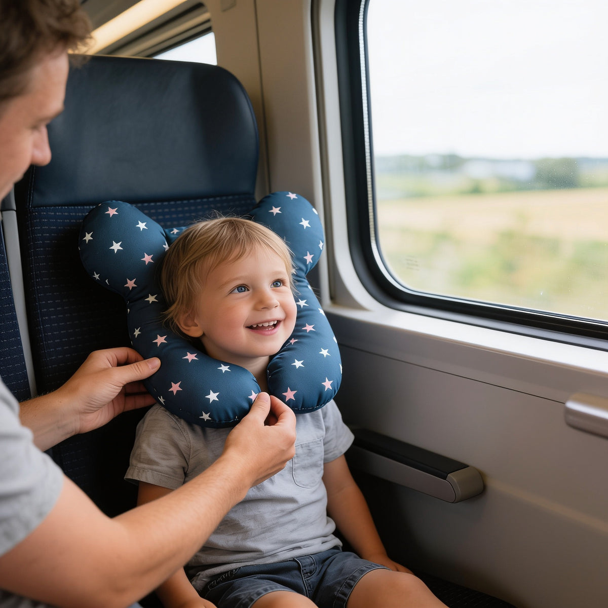 Lumiwee Pip toddler U-shaped travel pillow: fitting the pillow around a toddler's neck