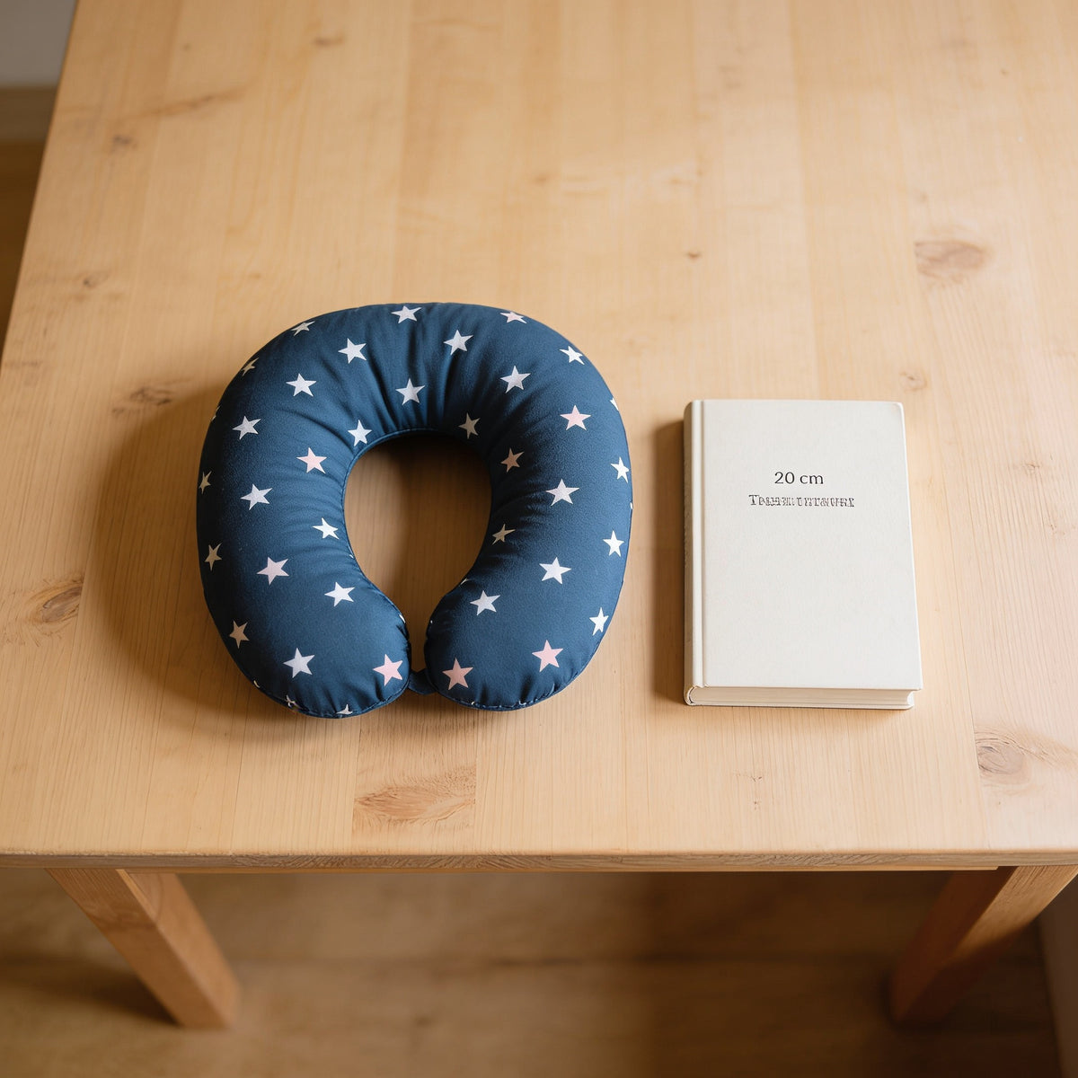 Lumiwee Pip toddler U-shaped travel pillow: the pillow next to a paperback for scale