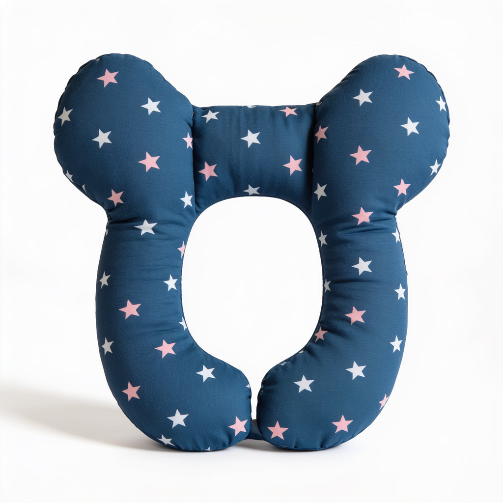 Lumiwee Pip toddler U-shaped travel pillow: blue star toddler travel pillow on a white background