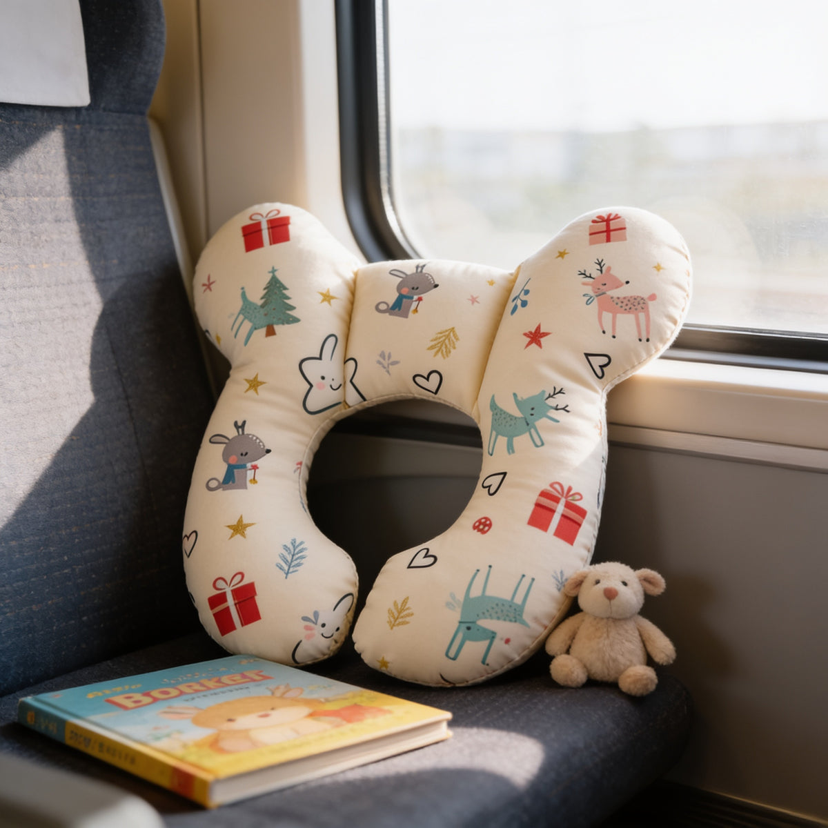 Lumiwee Pip toddler U-shaped travel pillow, Fawn option, in a bright room