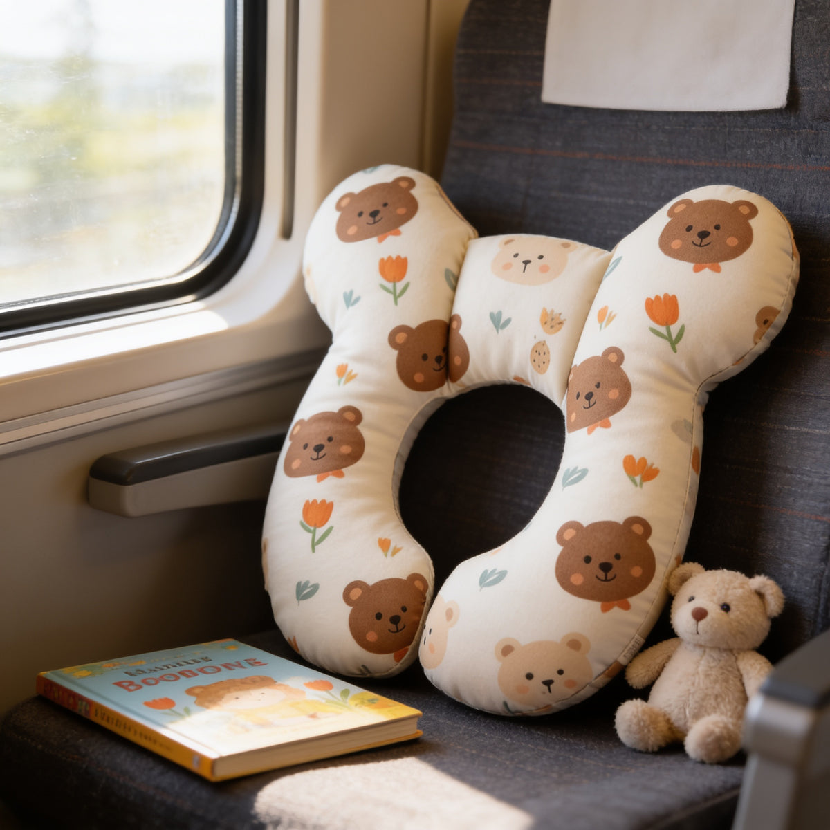 Lumiwee Pip toddler U-shaped travel pillow, Little Bear option, in a bright room