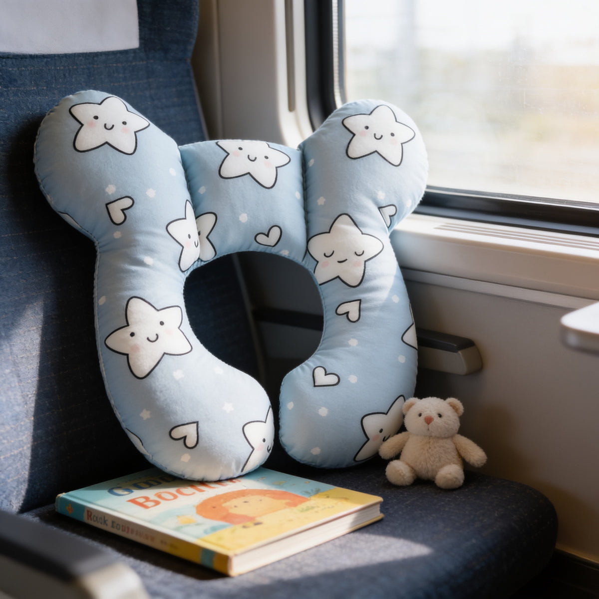Lumiwee Pip toddler U-shaped travel pillow, Star option, in a bright room