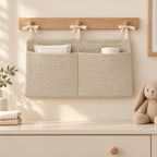 Khaki Poplar two-pocket organizer hanging above a dresser with staged wipes and cream
