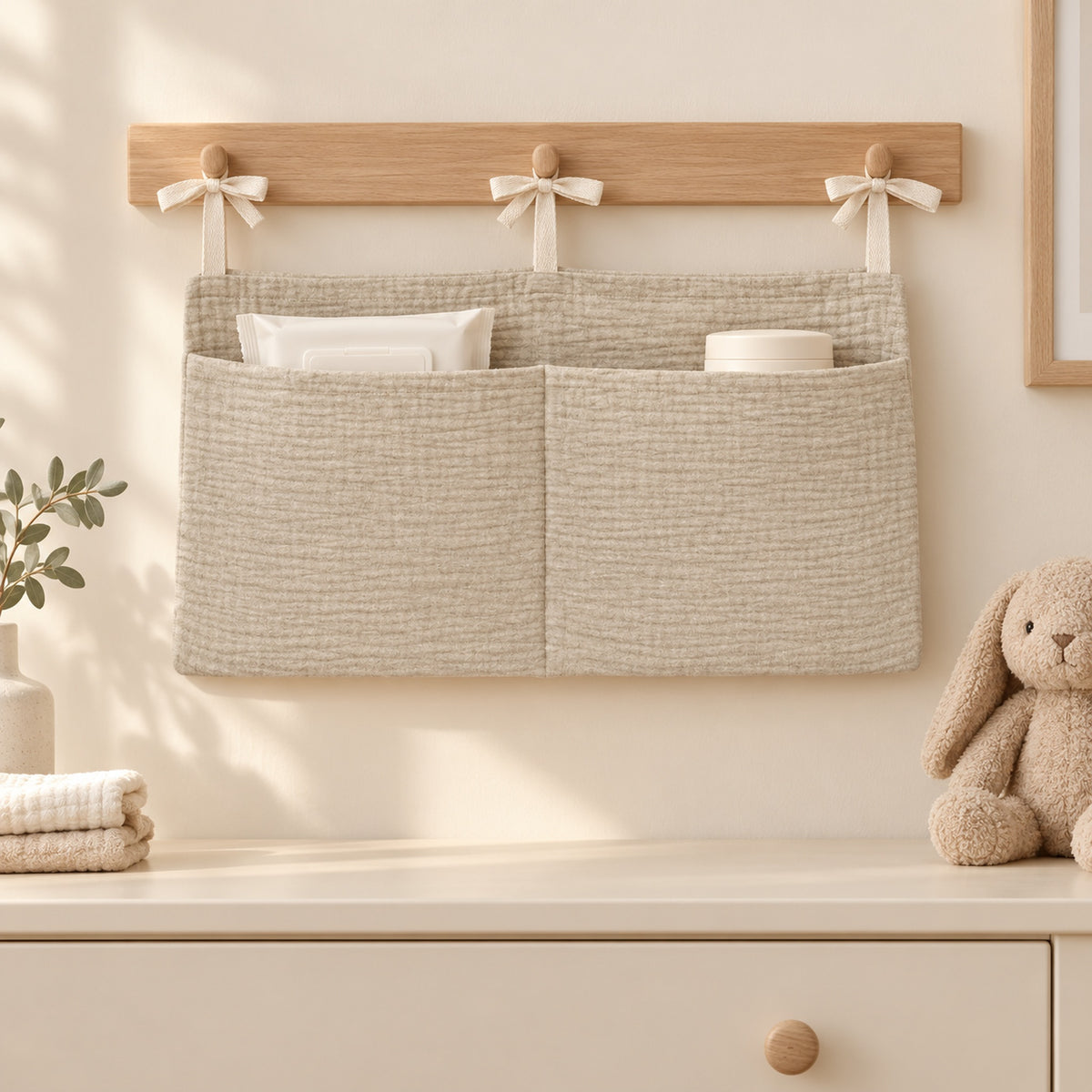 Khaki Poplar two-pocket organizer hanging above a dresser with staged wipes and cream
