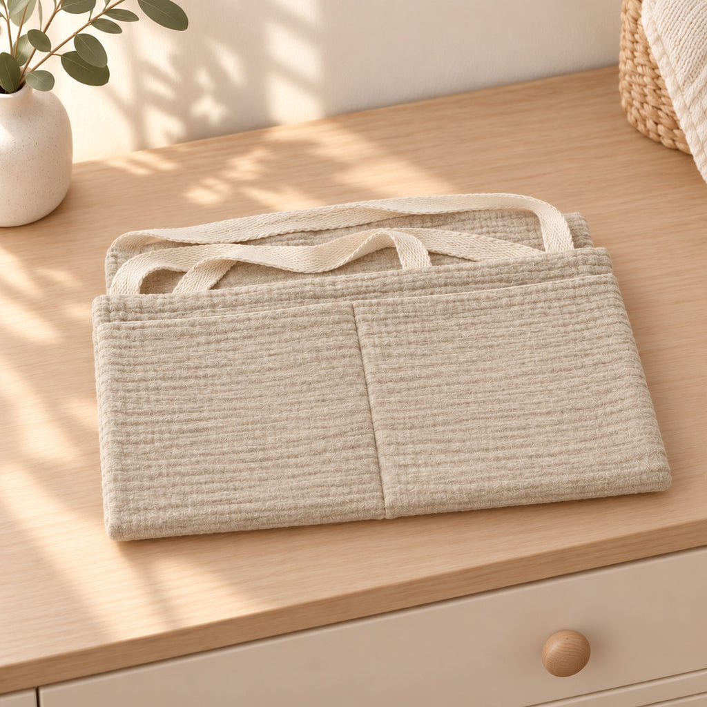 Khaki organizer folded flat on a dresser