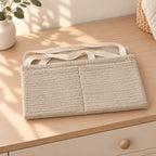 Khaki organizer folded flat on a dresser