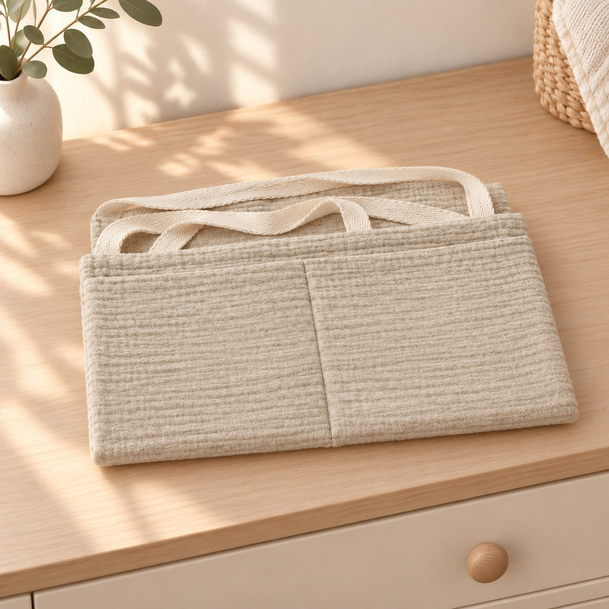 Khaki organizer folded flat on a dresser