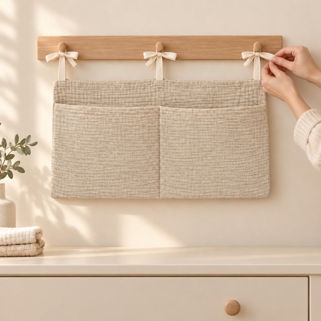 Adult tying the organizer to a wooden wall rail