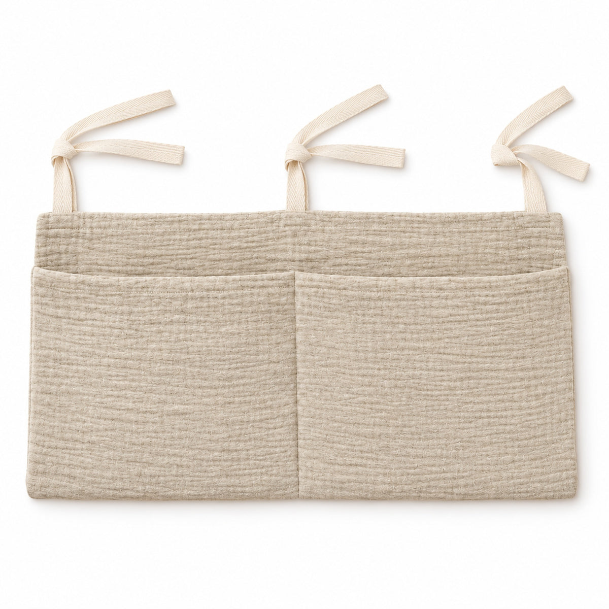 Khaki two-pocket hanging organizer alone on white