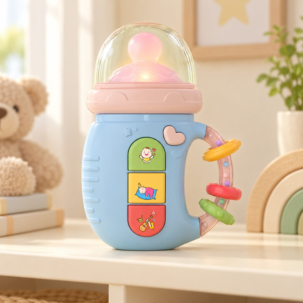Blue Poppy musical rattle on a playroom shelf