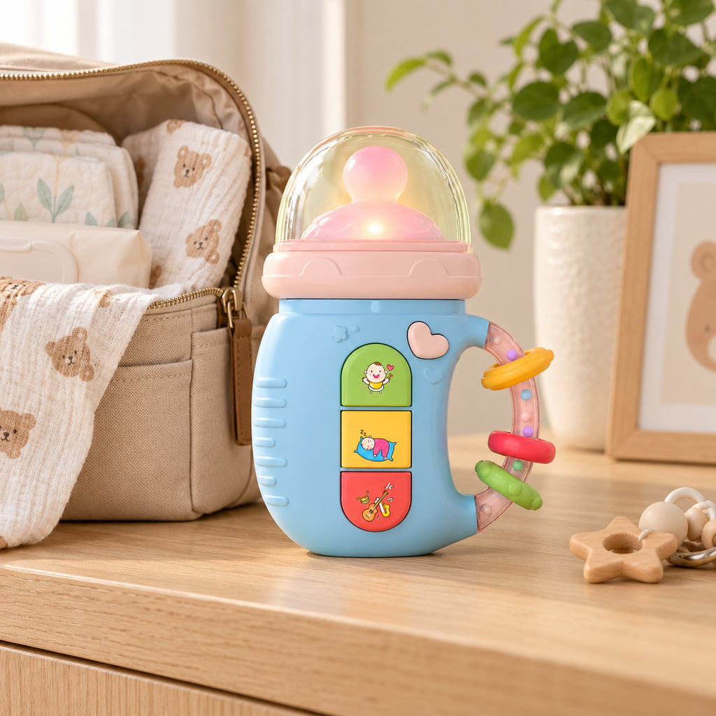 Blue musical rattle beside a diaper bag