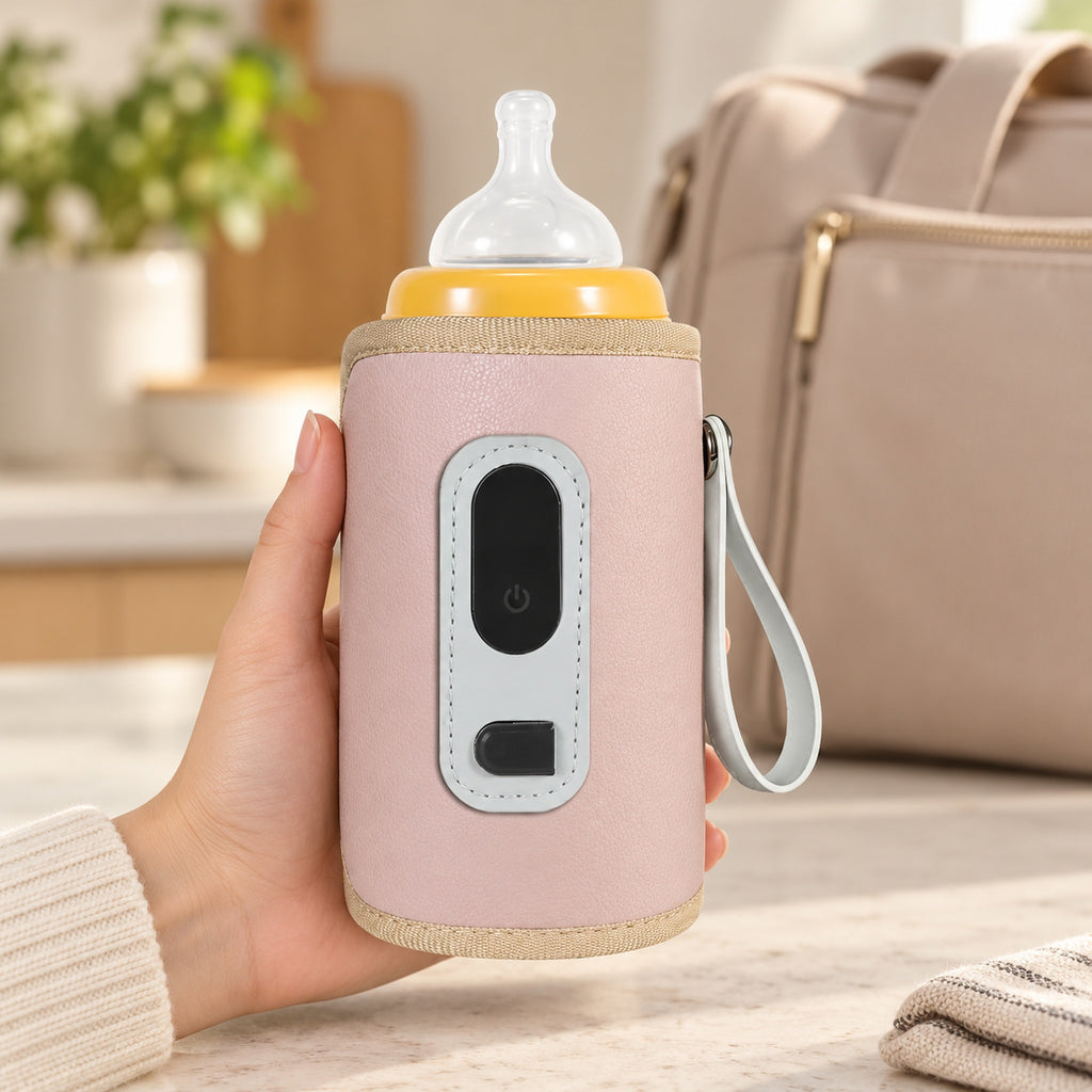 Adult holding pink portable bottle warmer sleeve around a demonstration bottle