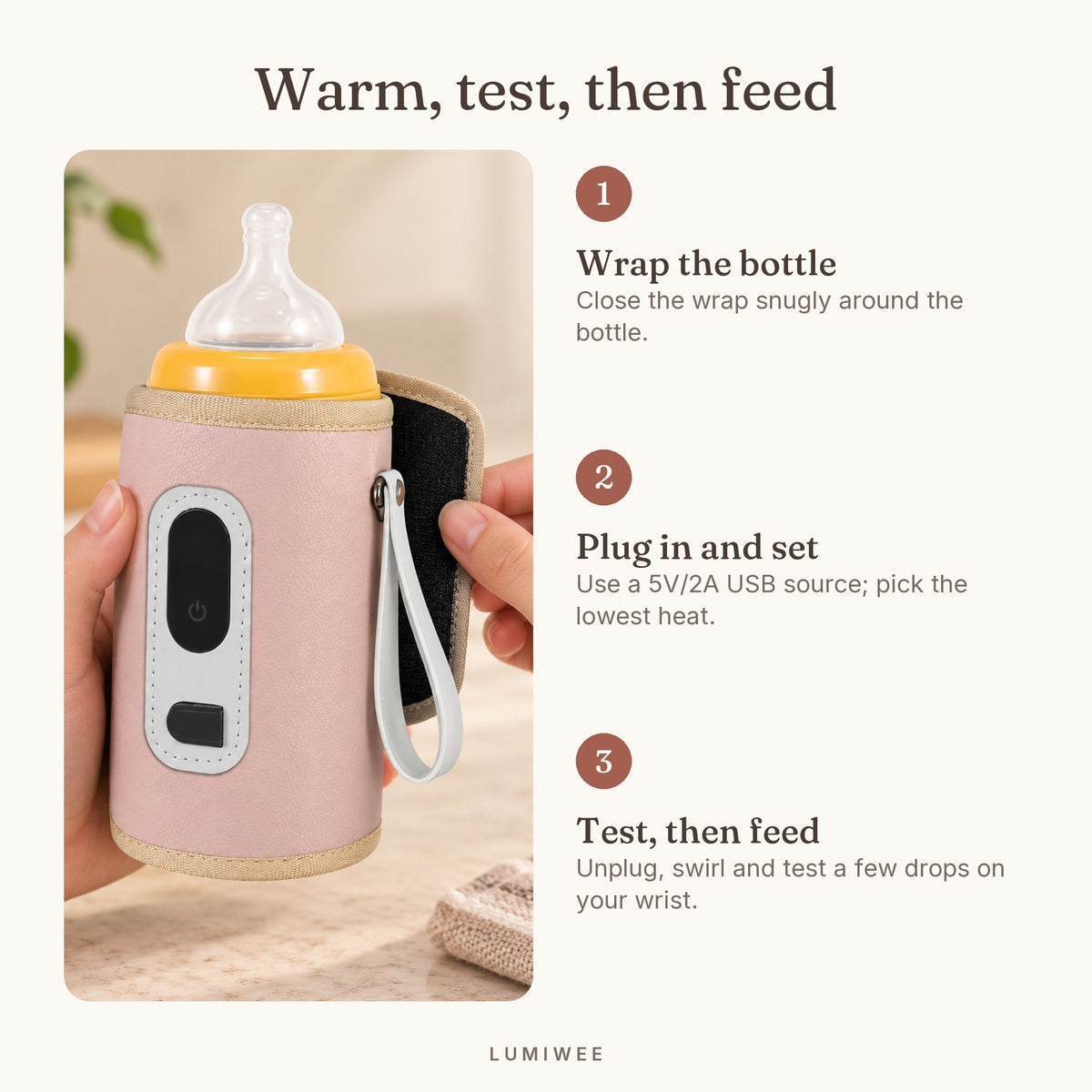 Lumiwee infographic: Portable - Warm, test, then feed
